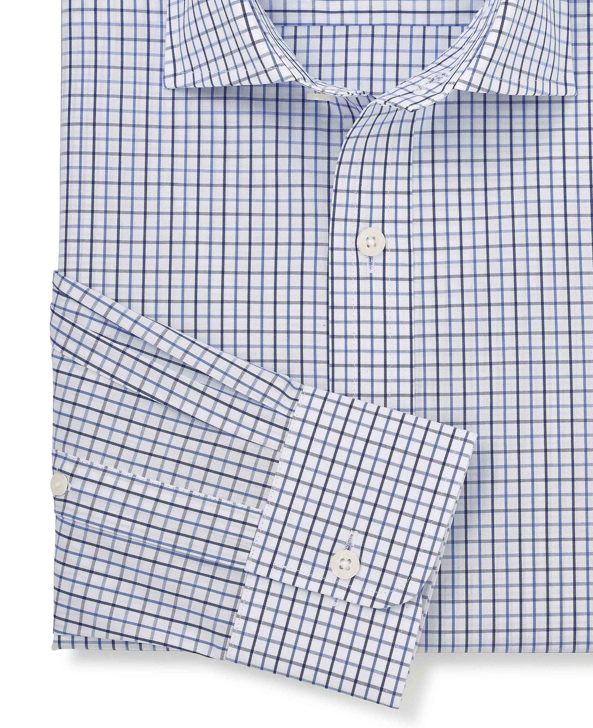 Men's White Blue Cotton Poplin Slim Fit Check Formal Shirt With Single Cuffs sleeve detail