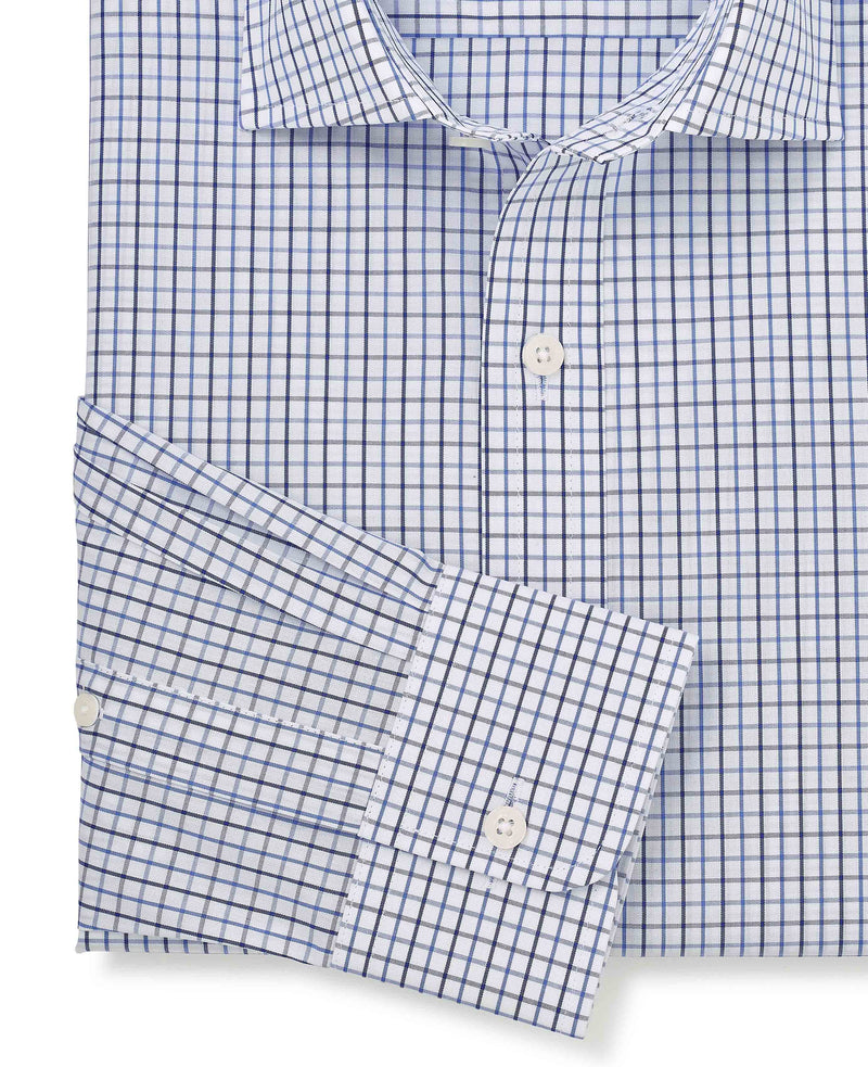 White Blue Cotton Poplin Slim Fit Check Formal Shirt - Single Cuff