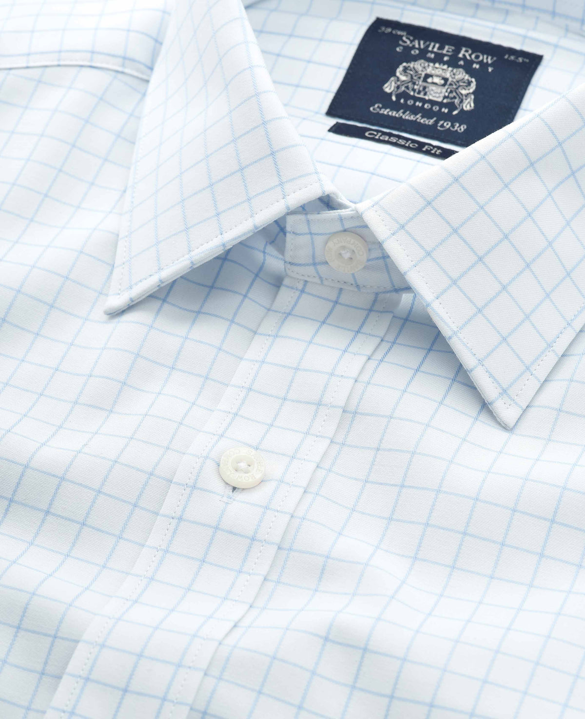 Men's White Blue Cotton Twill Window Check Classic Fit Formal Shirt With Double Cuffs collar detail