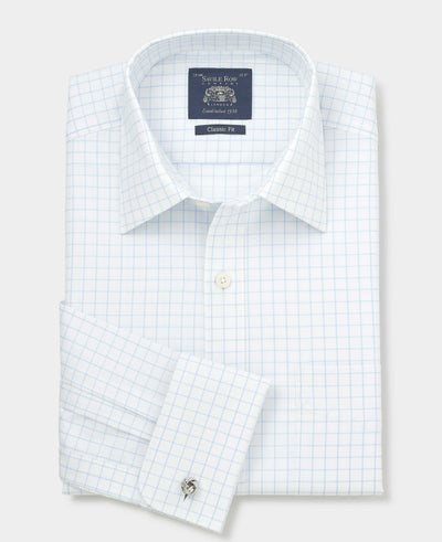 White Blue Cotton Twill Window Check Classic Fit Formal Shirt - Double Cuff
