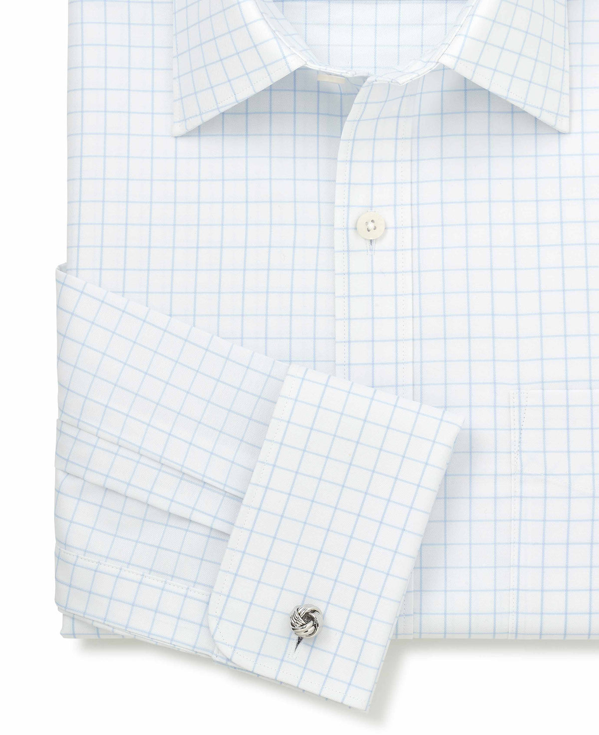 Men's White Blue Cotton Twill Window Check Classic Fit Formal Shirt With Double Cuffs sleeve detail