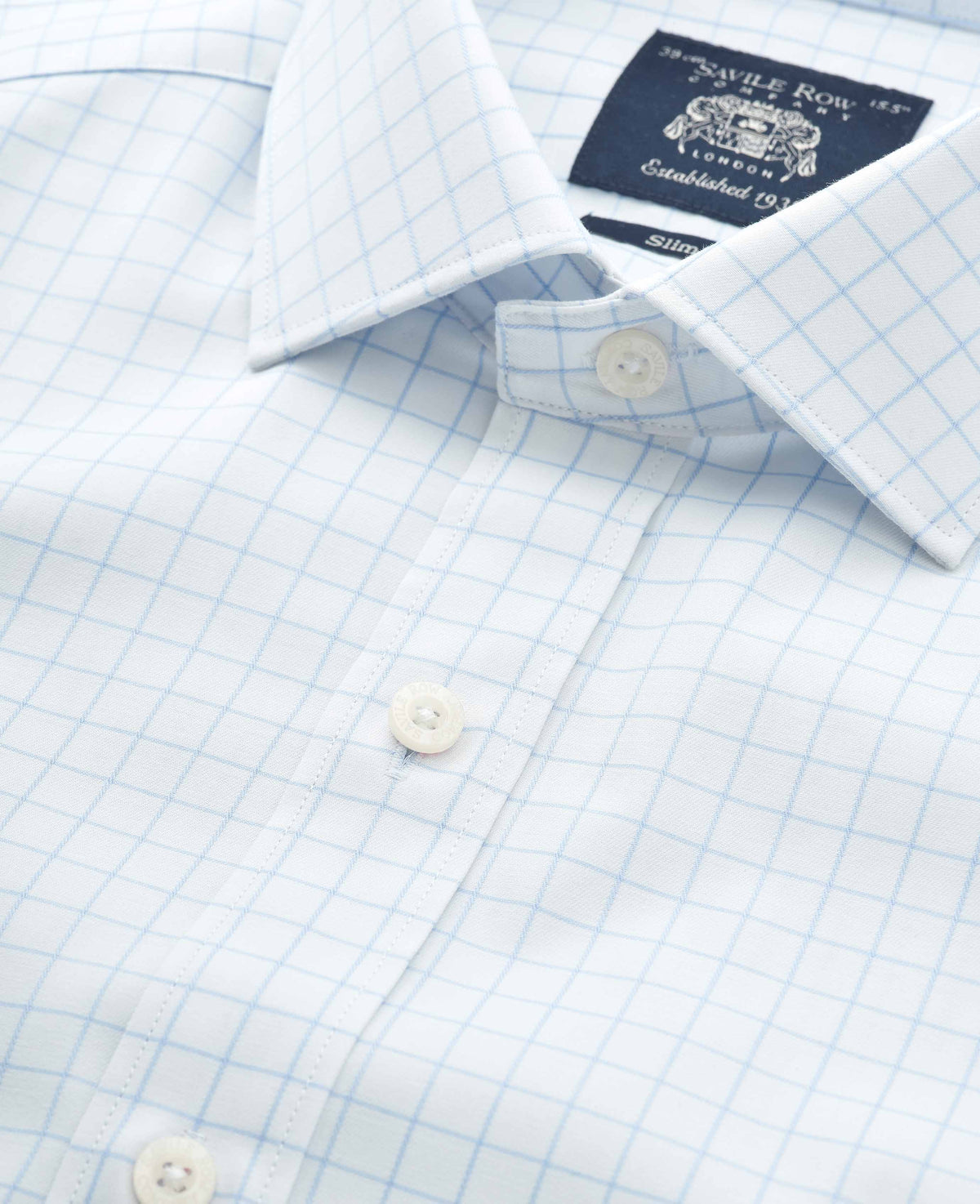 Men's White Blue Cotton Twill Window Check Slim Fit Formal Shirt With Double Cuffs collar detail