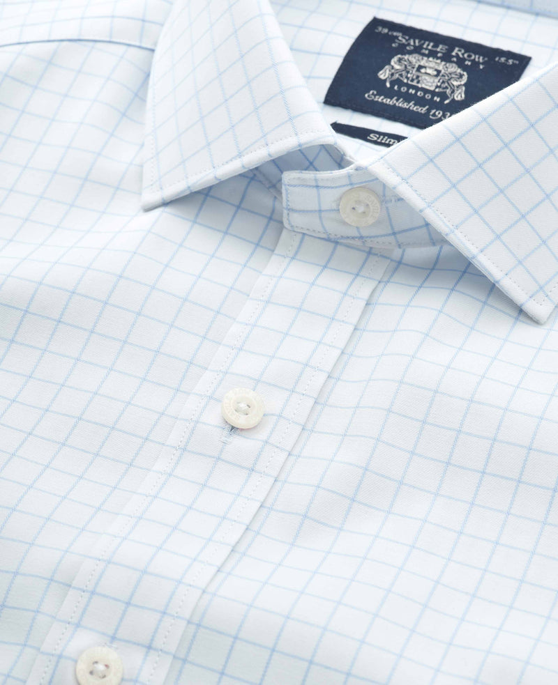 White Blue Cotton Twill Window Check Slim Fit Formal Shirt - Double Cuff
