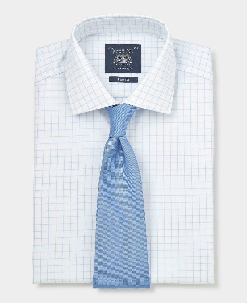 White Blue Cotton Twill Window Check Slim Fit Formal Shirt - Double Cuff