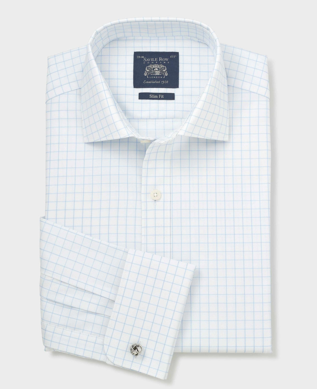 Men's White Blue Cotton Twill Window Check Slim Fit Formal Shirt With Double Cuffs folded shot