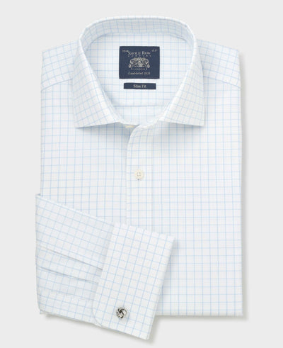 White Blue Cotton Twill Window Check Slim Fit Formal Shirt - Double Cuff