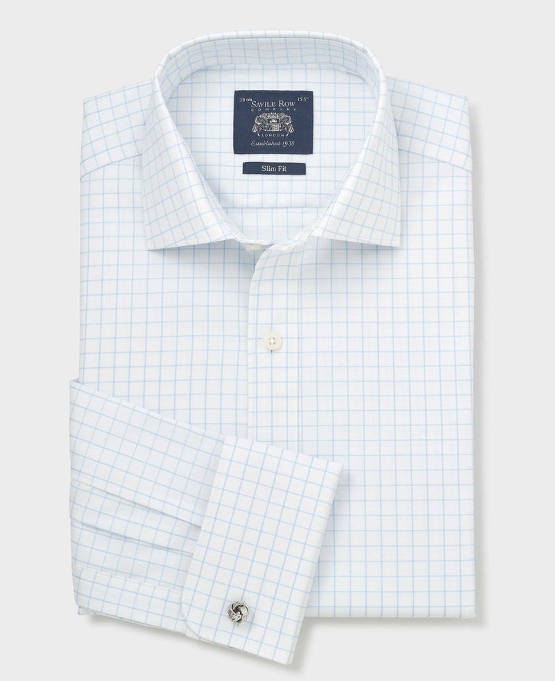 White Blue Cotton Twill Window Check Slim Fit Formal Shirt - Double Cuff