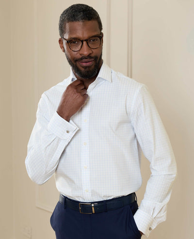 White Blue Cotton Twill Window Check Slim Fit Formal Shirt - Double Cuff