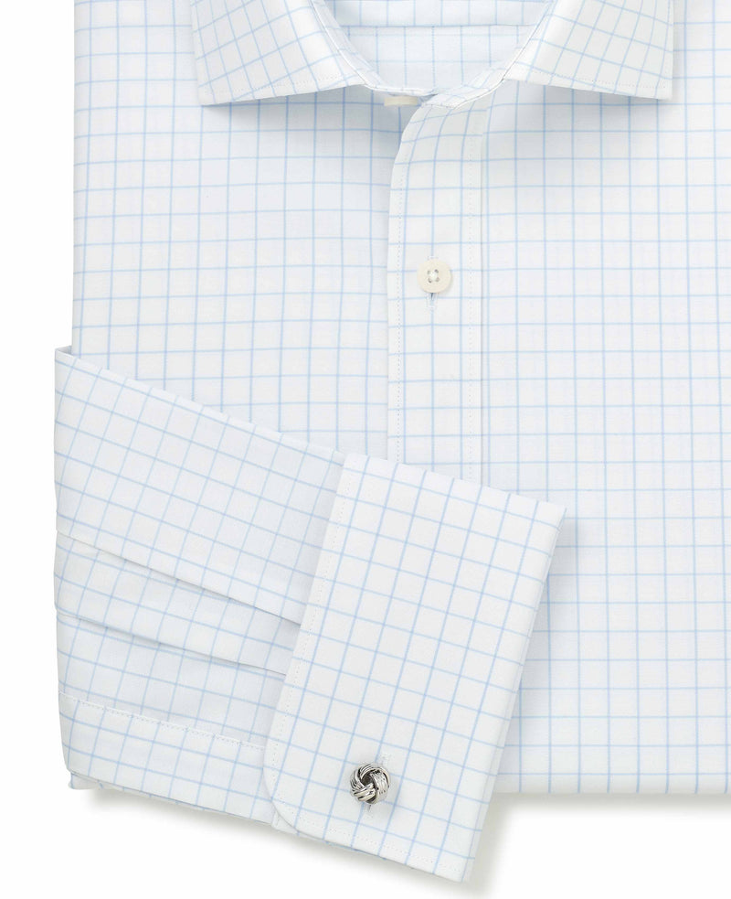White Blue Cotton Twill Window Check Slim Fit Formal Shirt - Double Cuff