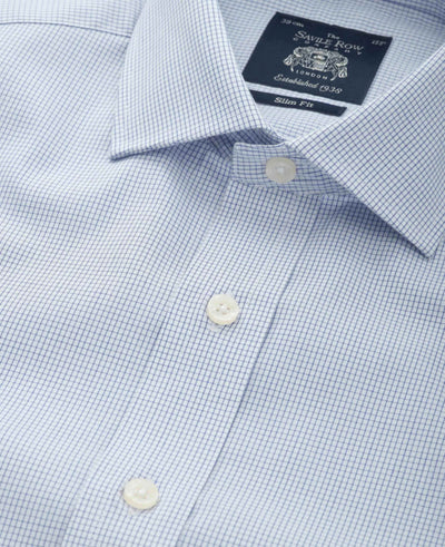 White Blue Micro Check Slim Fit Shirt - Double Cuff