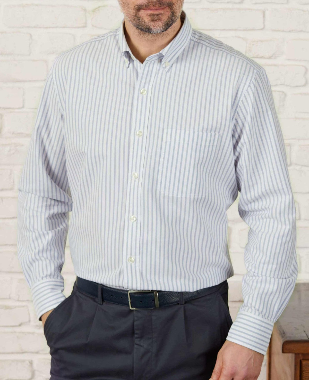 Men's White Blue Stripe Oxford Casual Shirt