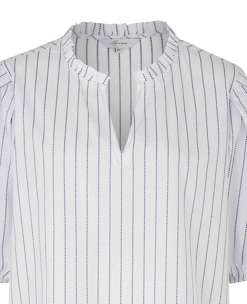 White Blue Stripe Frill Trim Short Sleeve Women's Shirt