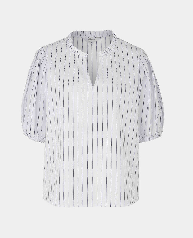 Women's White Blue Stripe Frill Trim Short Sleeve Shirt
