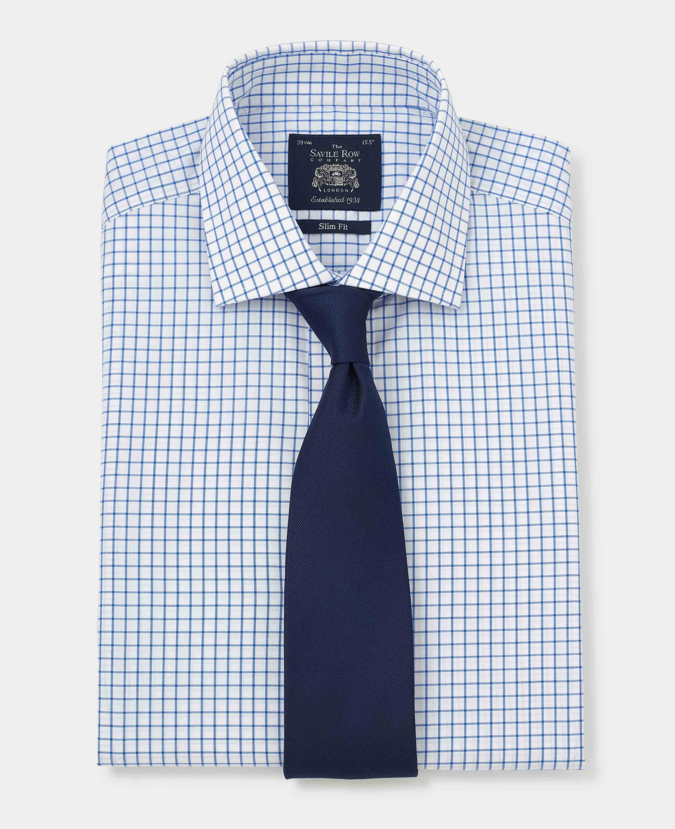 Men s White Blue Windowpane Check Slim Fit Formal Shirt With Double Cuffs Savile Row Company