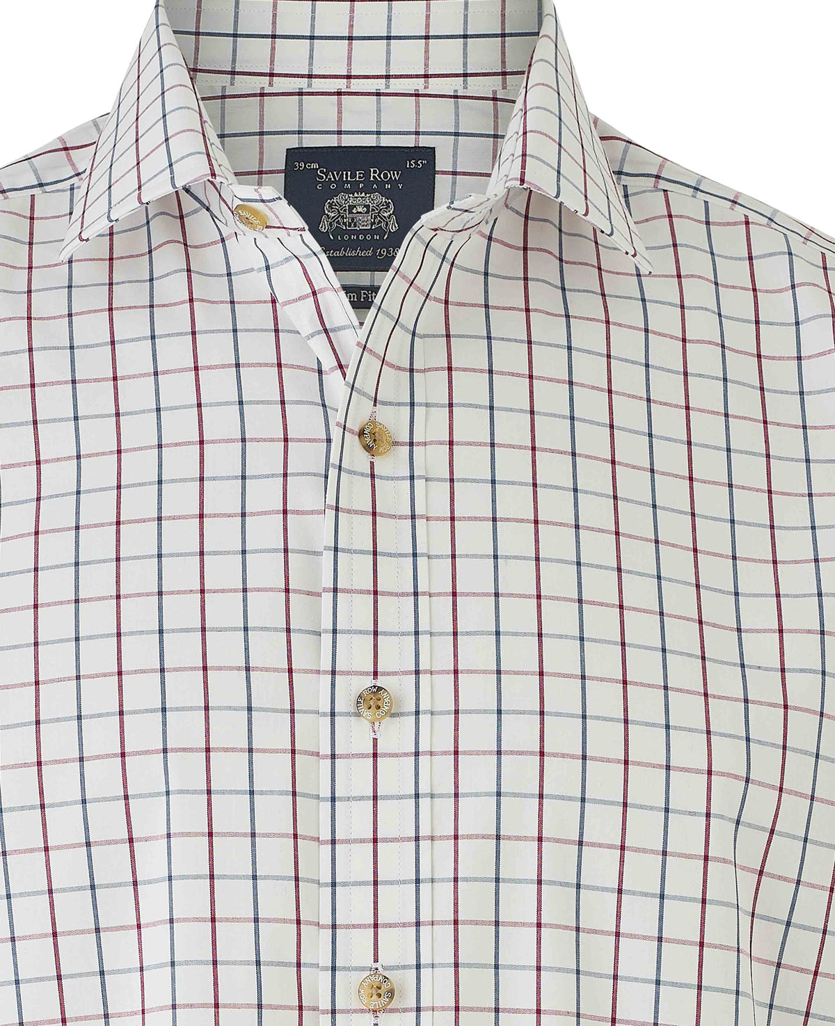Men's White Burgundy Cotton Tattersall Check Slim Fit Formal Shirt With Single Cuffs collar detail