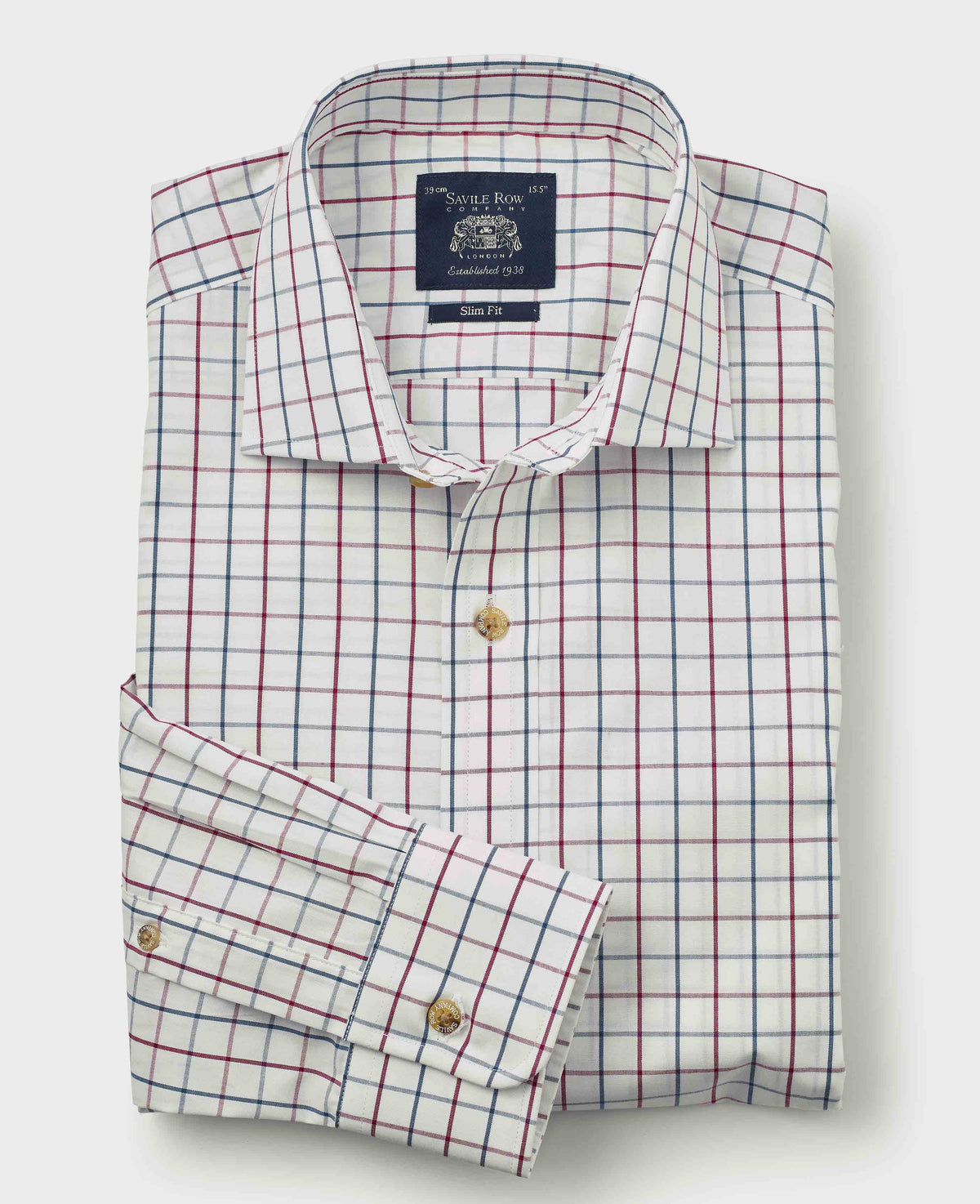 Men's White Burgundy Cotton Tattersall Check Slim Fit Formal Shirt With Single Cuffs folded