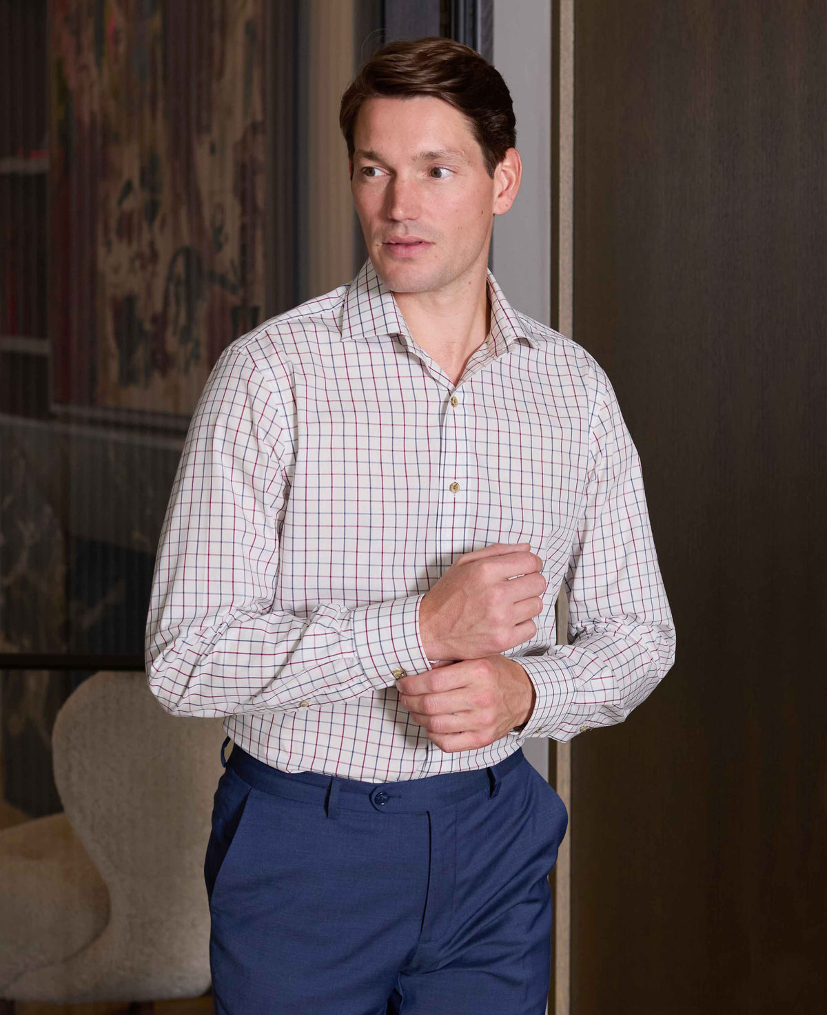 Men's White Burgundy Cotton Tattersall Check Slim Fit Formal Shirt With Single Cuffs model shot