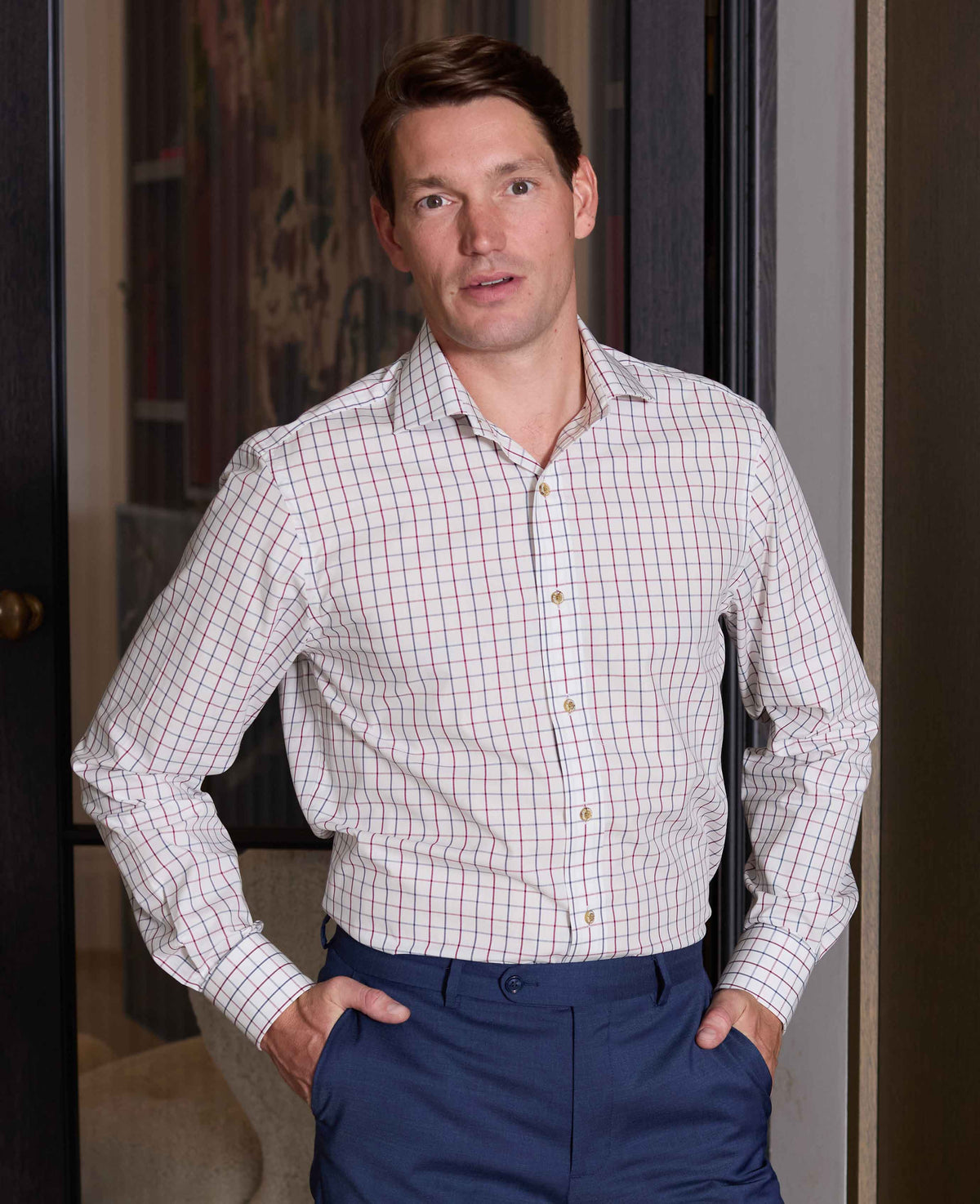 Men's White Burgundy Cotton Tattersall Check Slim Fit Formal Shirt With Single Cuffs model shot