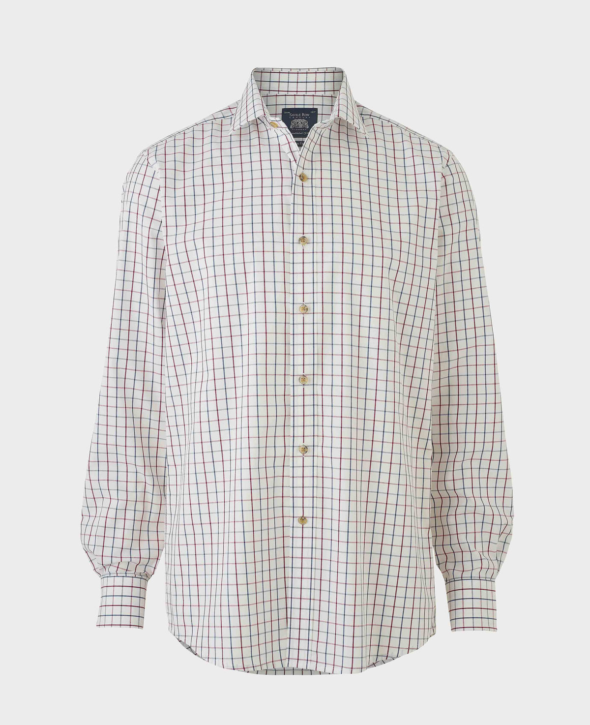Men's White Burgundy Cotton Tattersall Check Slim Fit Formal Shirt With Single Cuffs mannequin shot