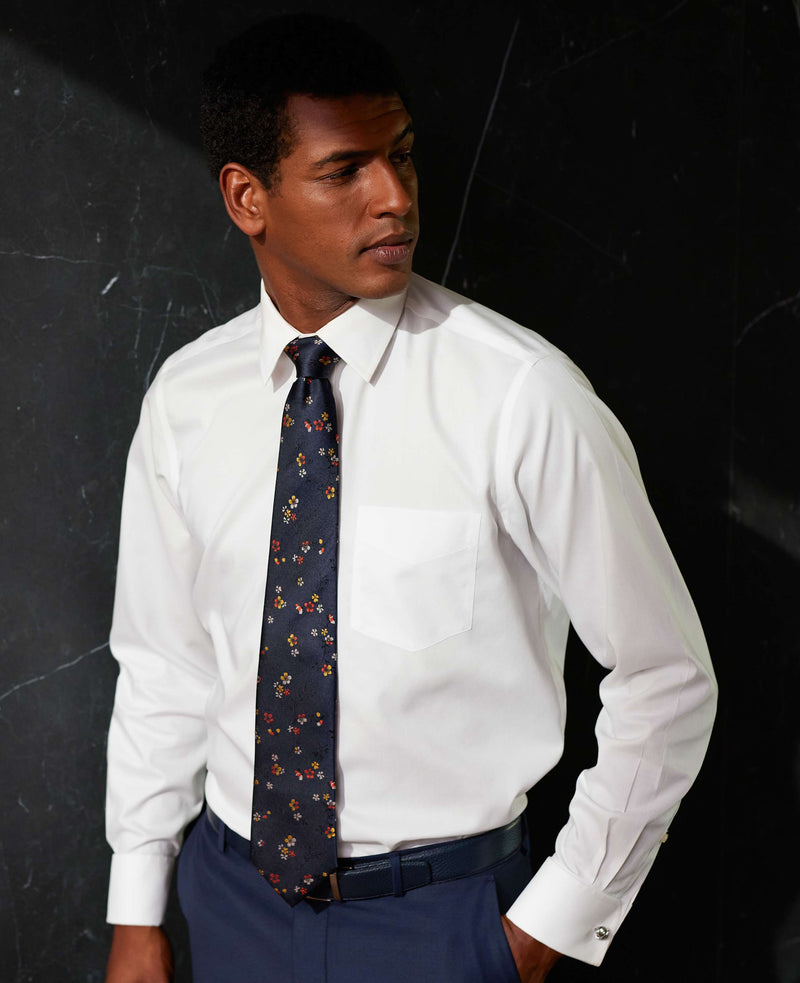 White Cotton Herringbone Classic Fit Formal Shirt - Double Cuff