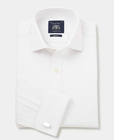 White Cotton Herringbone Slim Fit Formal Shirt - Double Cuff