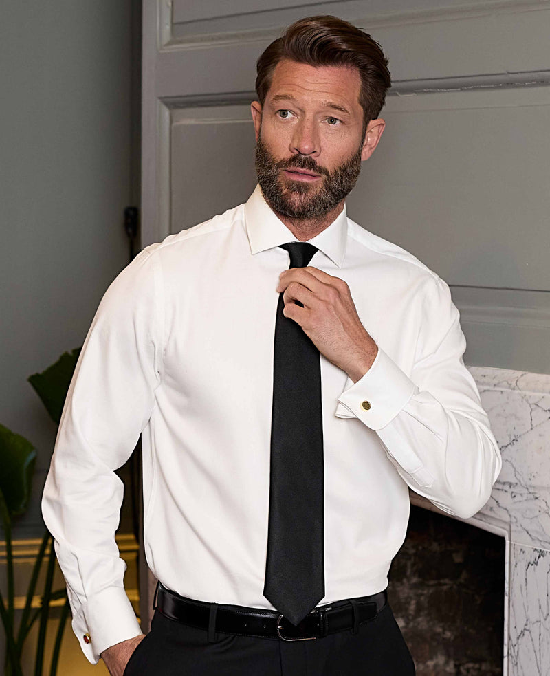 Natural White Cotton Herringbone Slim Fit Formal Shirt - Double Cuff