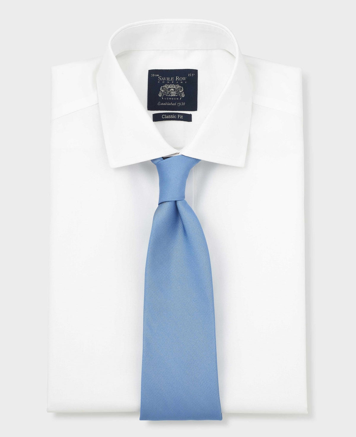 Men's White Cotton Poplin Classic Fit Non-Iron Shirt With Single or Double Cuffs folded with tie