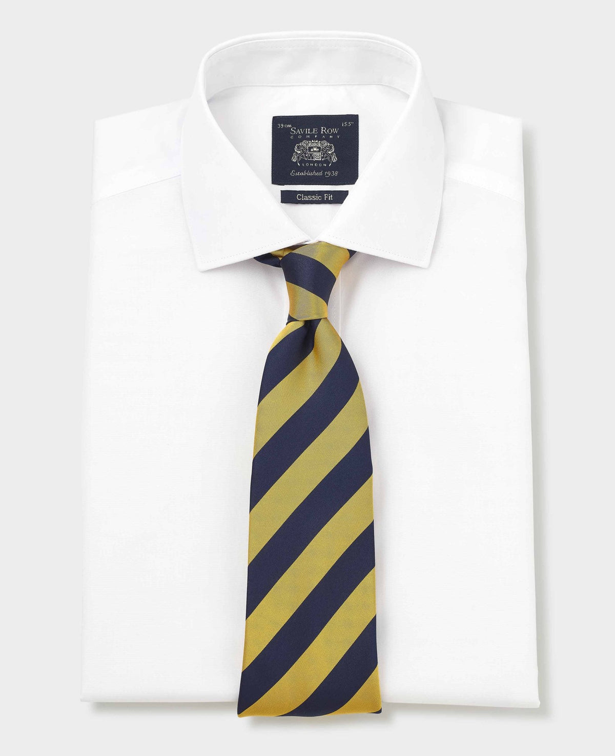 Men's White Cotton Poplin Classic Fit Non-Iron Shirt With Single or Double Cuffs folded with tie