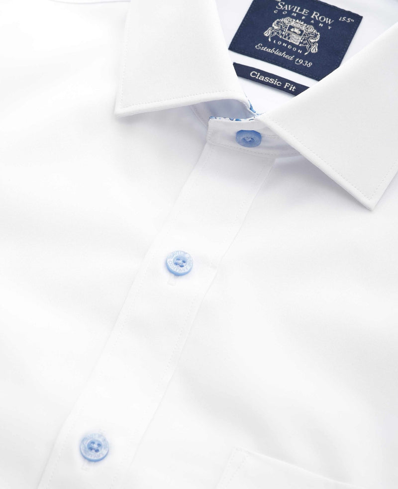 White Cotton Poplin Contrast Button Floral Trim Classic Fit Formal Shirt - Single Cuff