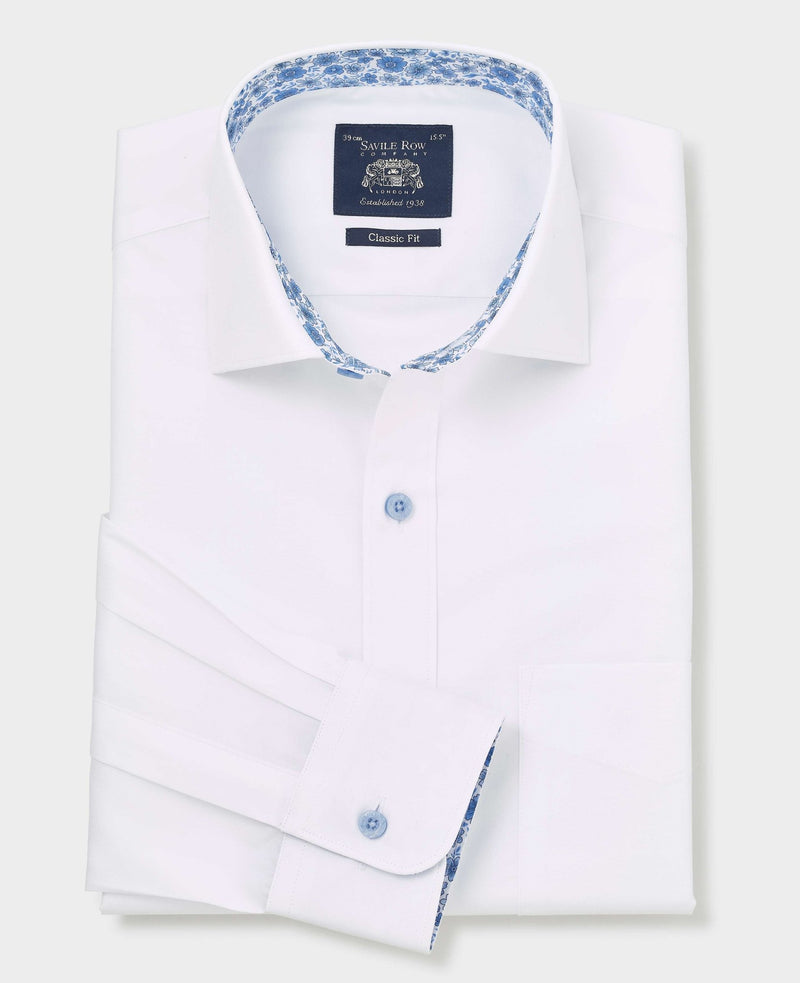White Cotton Poplin Contrast Button Floral Trim Classic Fit Formal Shirt - Single Cuff