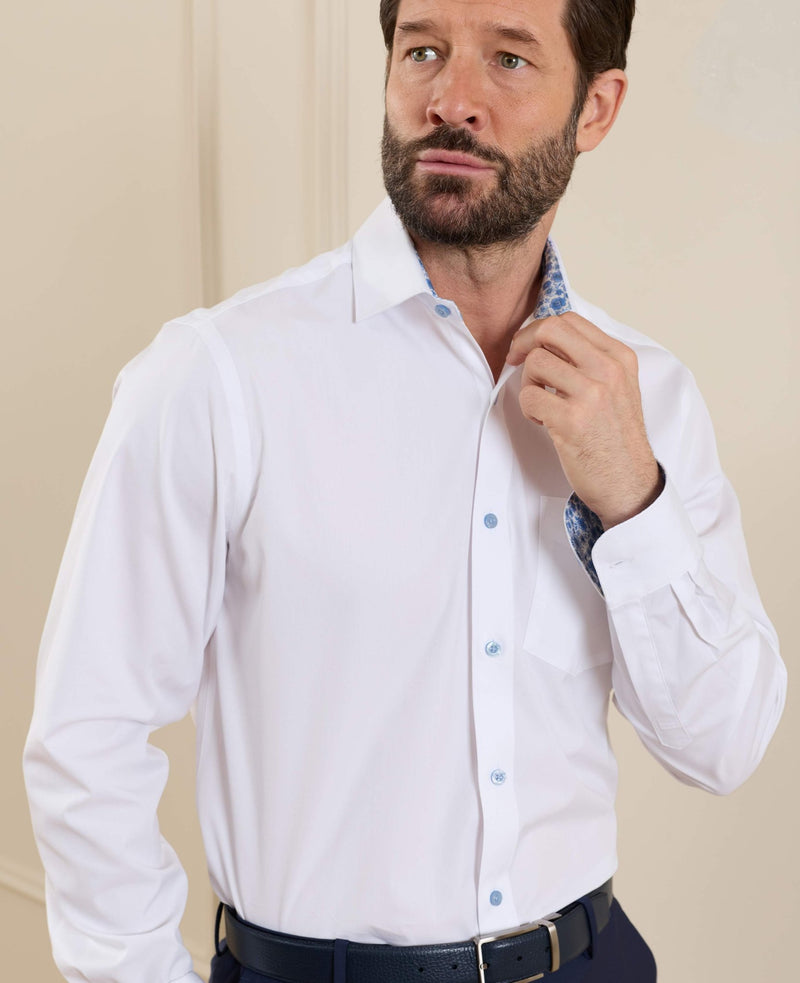 White Cotton Poplin Contrast Button Floral Trim Classic Fit Formal Shirt - Single Cuff