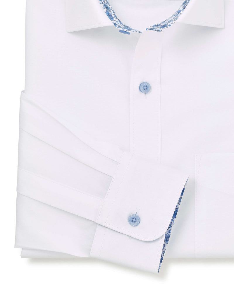 White Cotton Poplin Contrast Button Floral Trim Classic Fit Formal Shirt - Single Cuff
