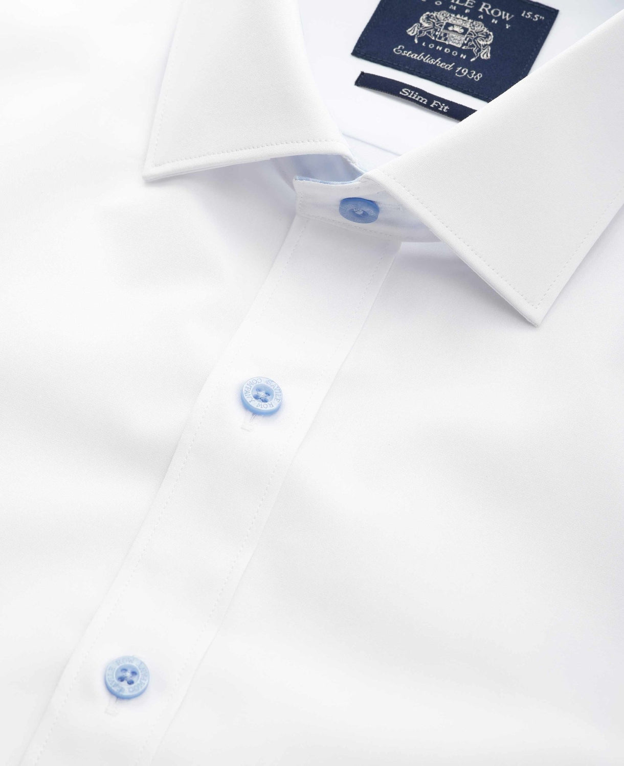 Men's White Cotton Poplin Contrast Button Slim Fit Formal Shirt With Single Cuffs collar detail