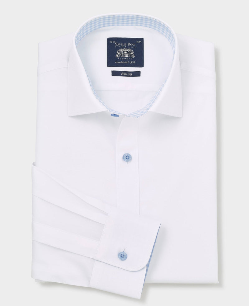 Men's White Cotton Poplin Contrast Button Slim Fit Formal Shirt With Single Cuffs folded shot