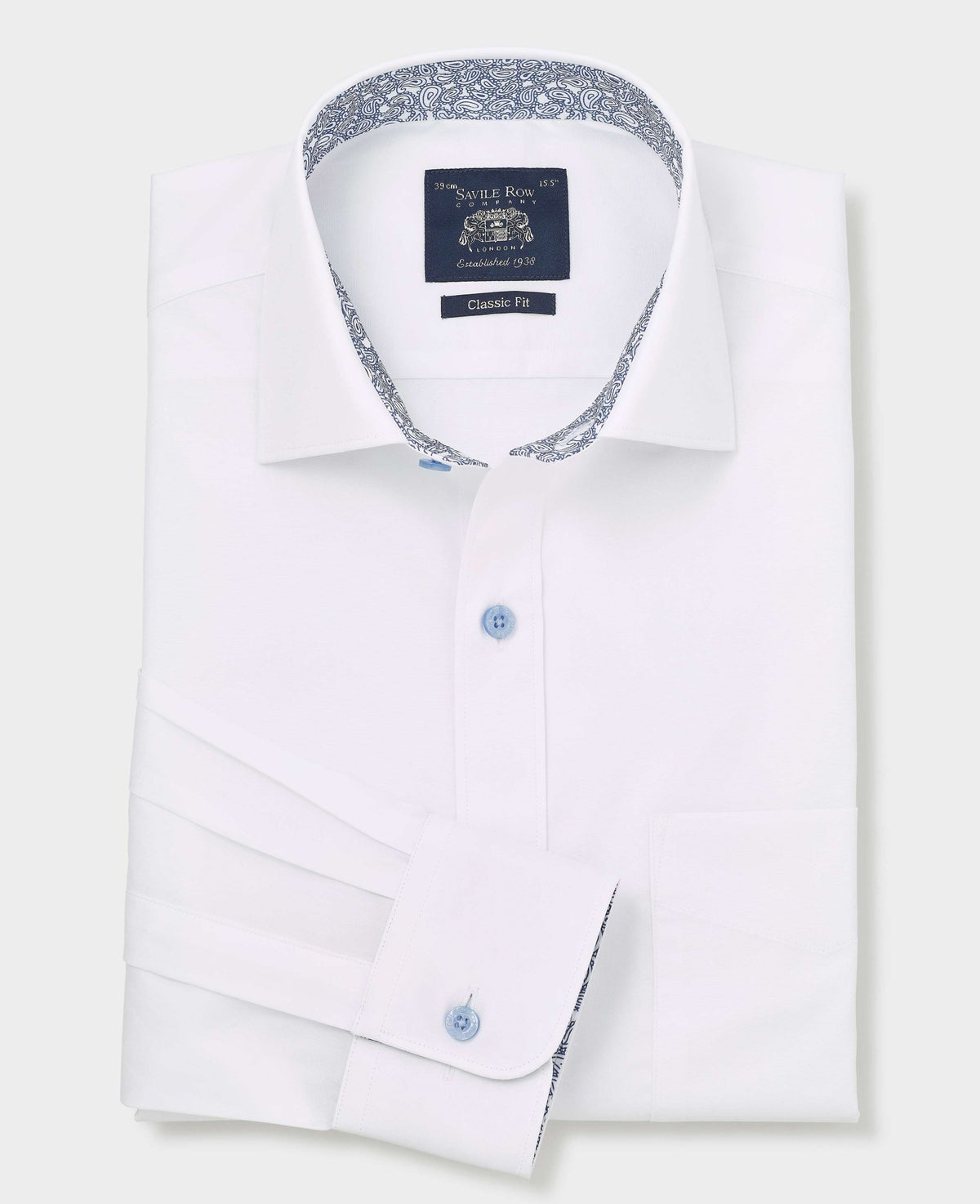 Men's White Cotton Poplin Contrast Button Classic Fit Formal Shirt With Single Cuffs folded shot