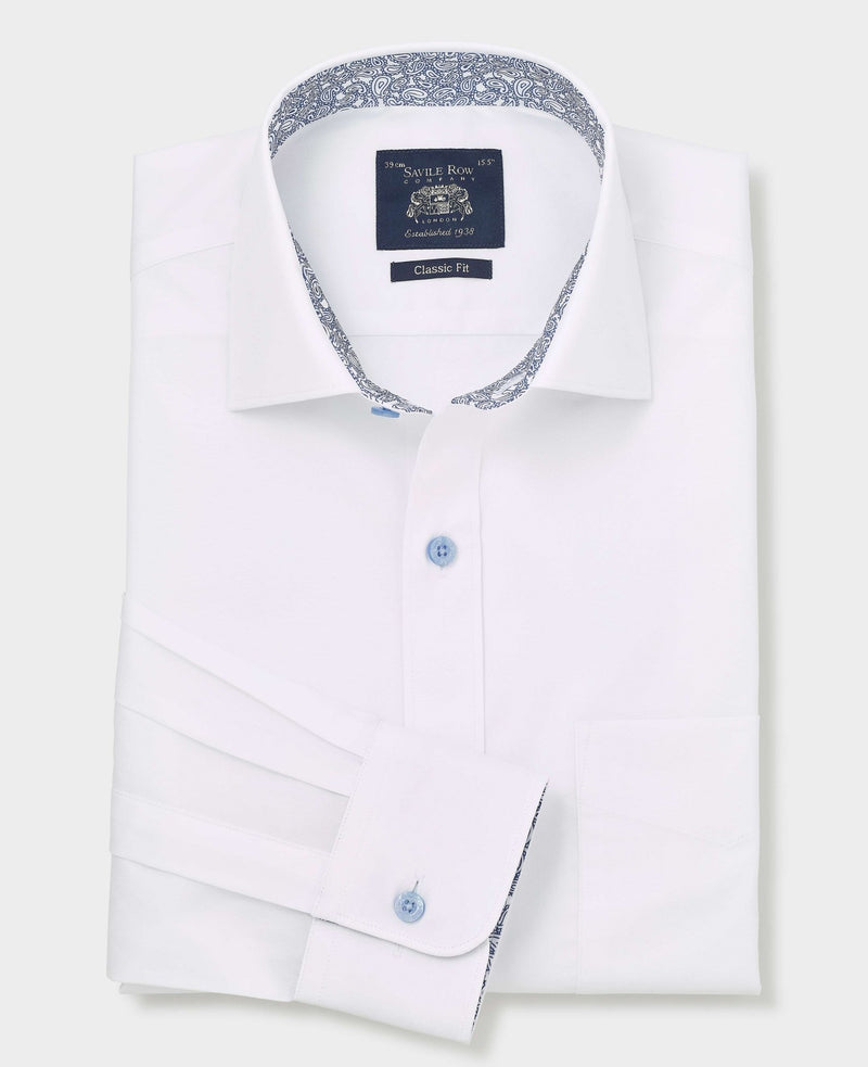 White Cotton Poplin Contrast Button Paisley Trim Classic Fit Formal Shirt - Single Cuff