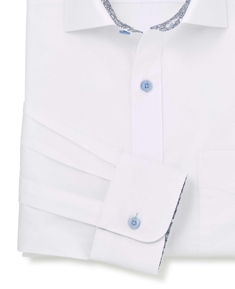 White Cotton Poplin Contrast Button Paisley Trim Classic Fit Formal Shirt - Single Cuff