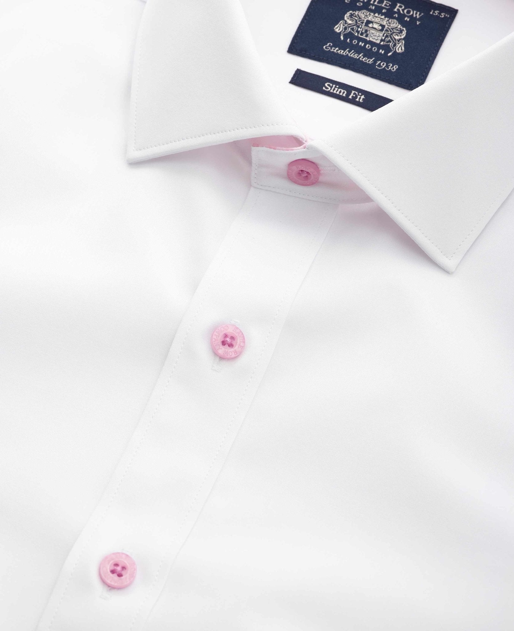Men's White Contrast Button Pink Gingham Trim Slim Fit Formal Shirt With Single Cuffs | Savile Row Company Men's White Contrast Button Pink Gingham Trim Slim Fit Formal Shirt With Single Cuffs | Savile Row Company