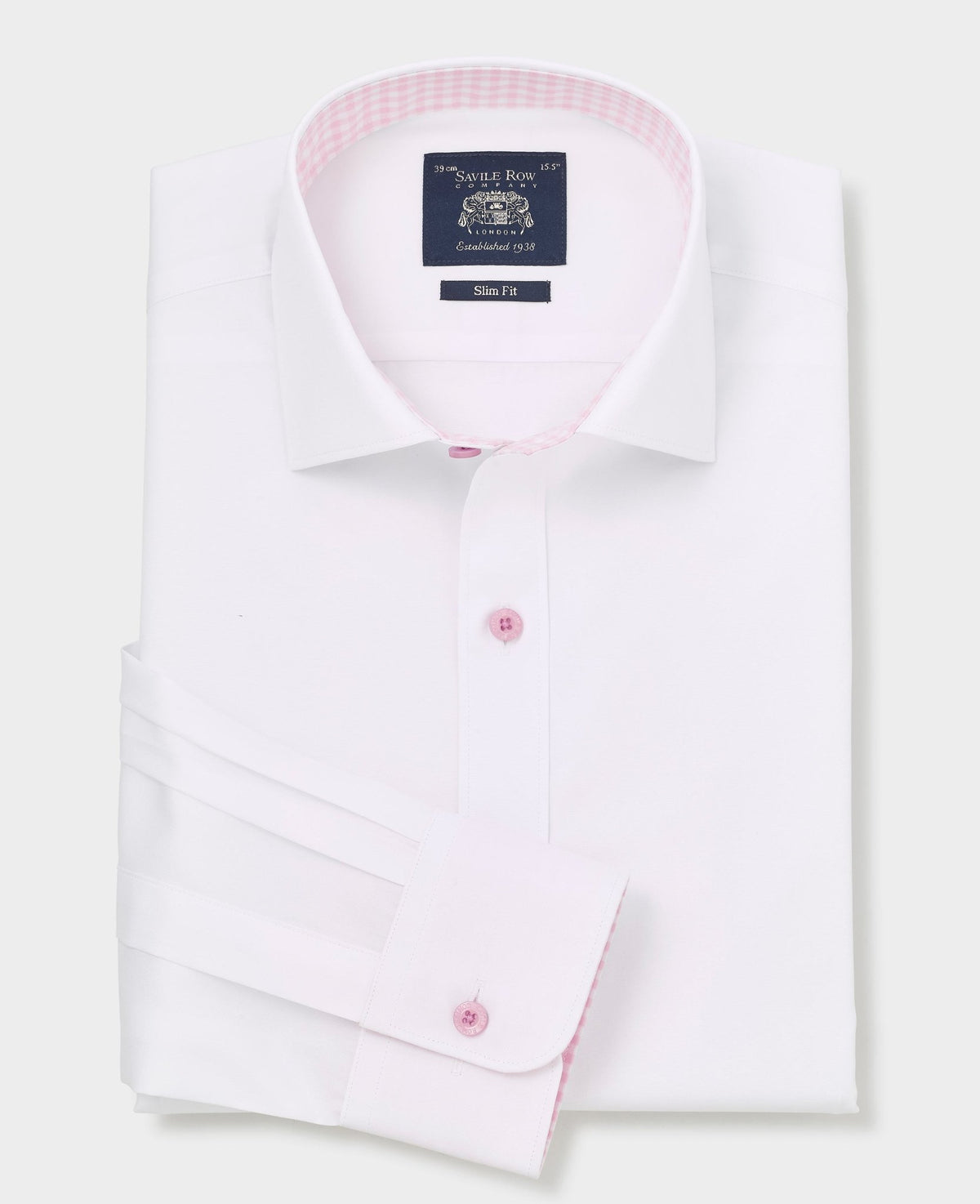 Men's White Contrast Button Pink Gingham Trim Slim Fit Formal Shirt With Single Cuffs folded shot