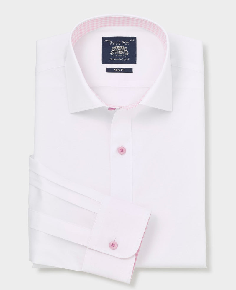Men's White Contrast Button Pink Gingham Trim Slim Fit Formal Shirt With Single Cuffs folded shot