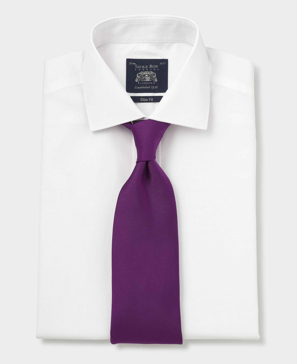 Men's White Cotton Poplin Slim Fit Non-Iron Shirt With Double Cuffs folded with tie