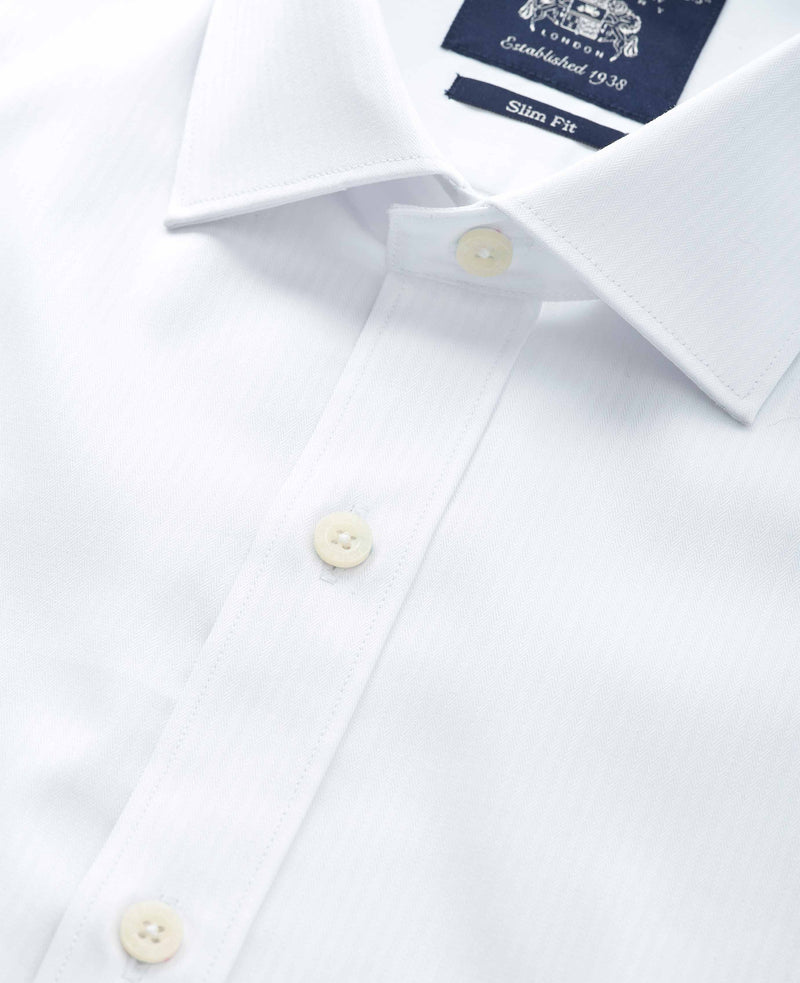 White Herringbone Cotton Slim Fit Formal Shirt - Single Cuff