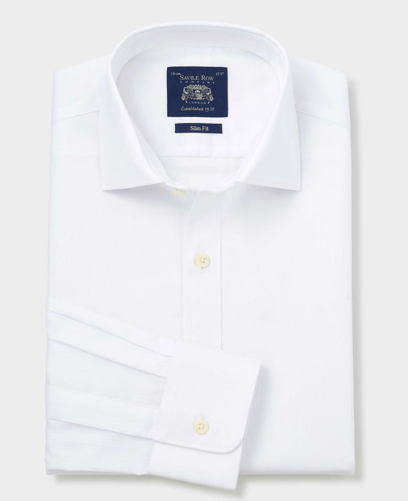 White Herringbone Cotton Slim Fit Formal Shirt - Single Cuff