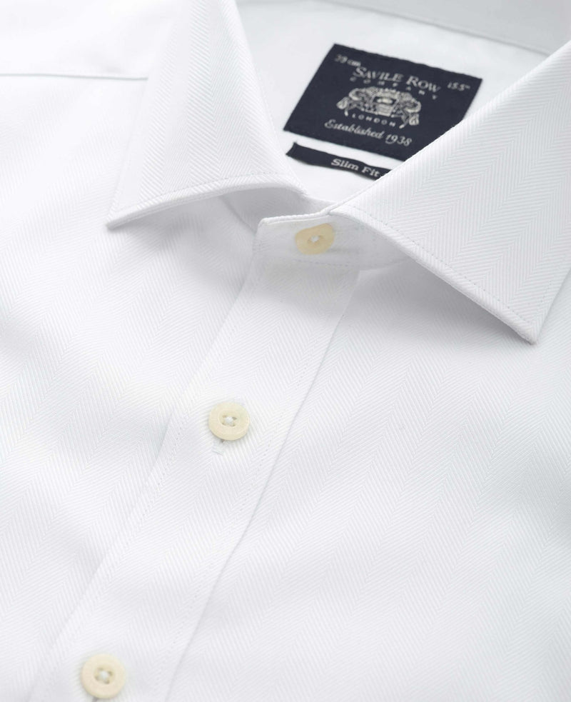 White Herringbone Cotton Slim Fit Formal Shirt - Single Cuff