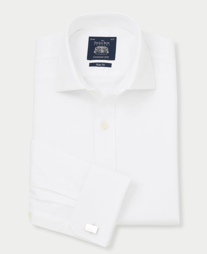White Herringbone Slim Fit Formal Shirt - Double Cuff