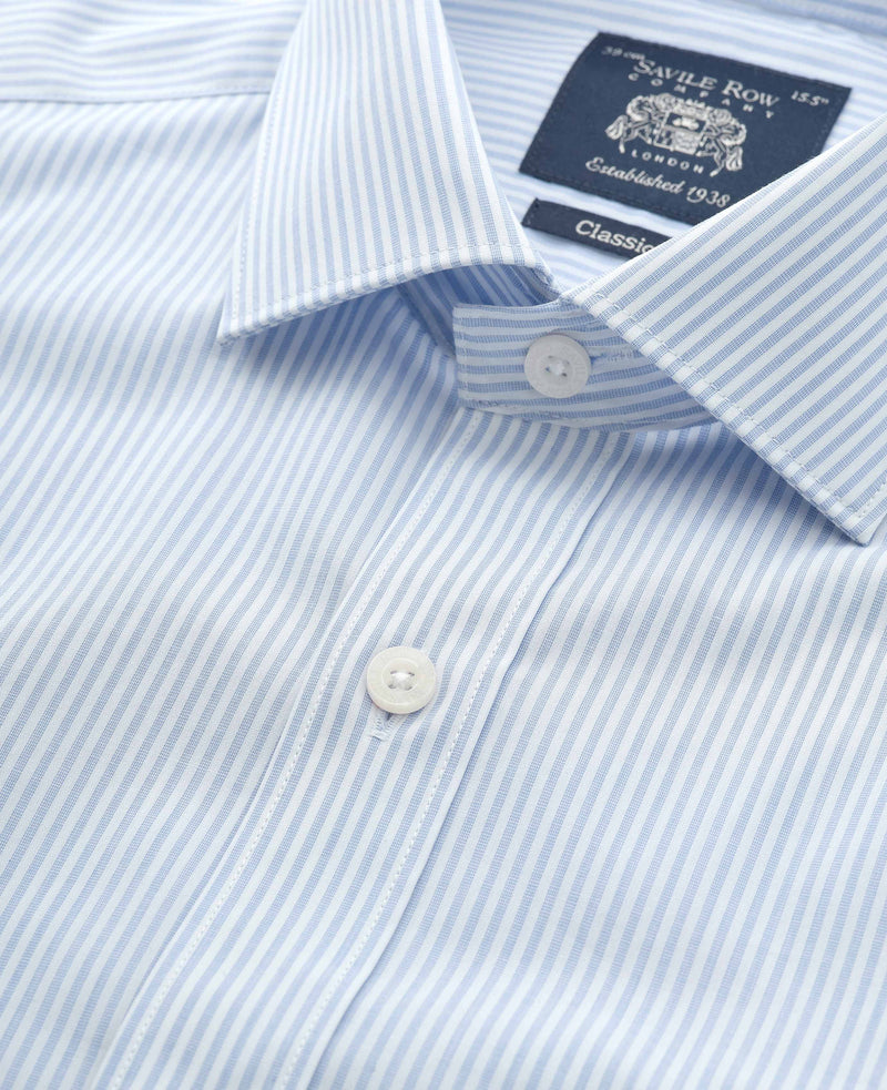 Men's White Light Blue Cotton Poplin Classic Fit Stripe Formal Shirt With Single Cuffs collar detail