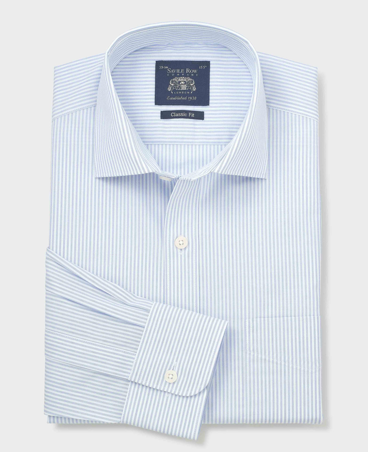 Men's White Light Blue Cotton Poplin Classic Fit Stripe Formal Shirt With Single Cuffs folded shot