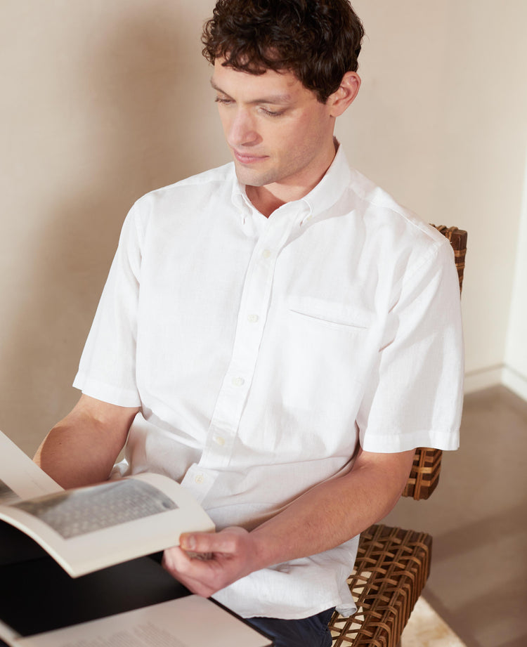 Men's White Short Sleeve Linen Blend Casual Shirt
