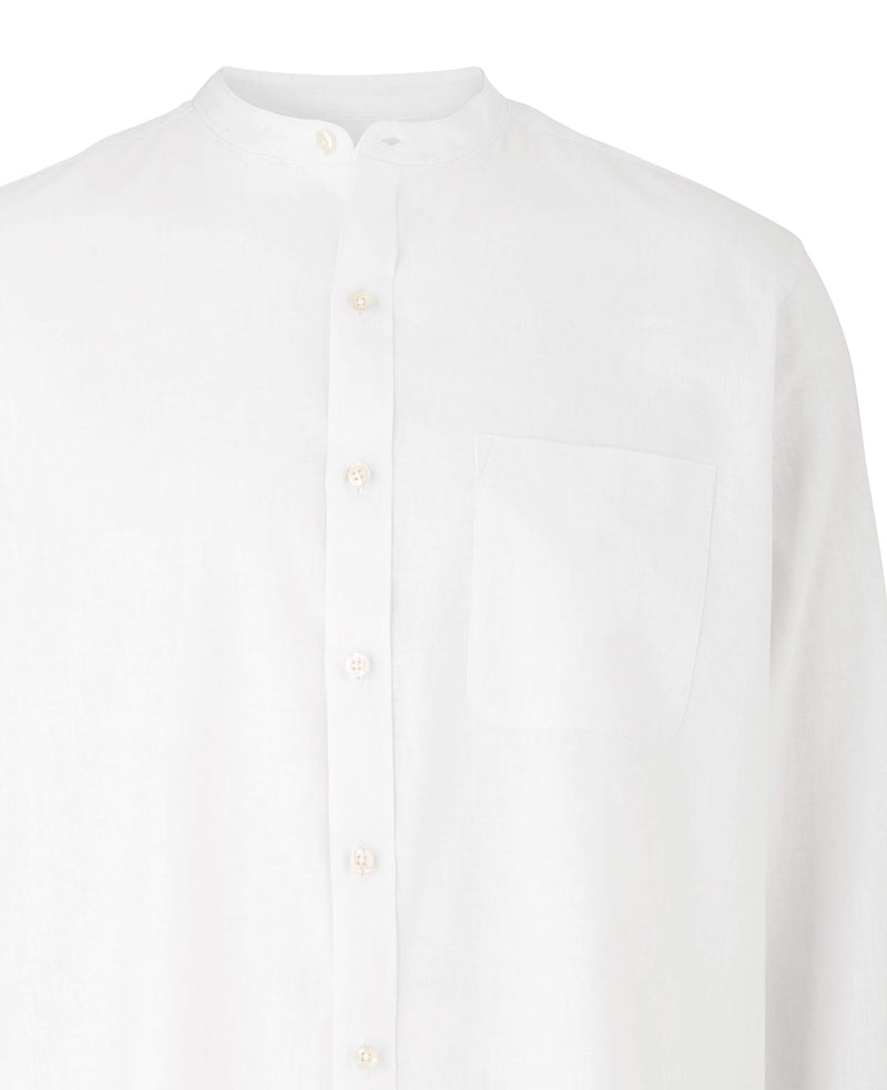 White Linen/Cotton Blend Grandad Collar Shirt - Chest Detail - 1390WHT