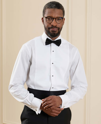 White Marcella Bib Front Classic Fit Dress Formal Shirt - Double Cuff